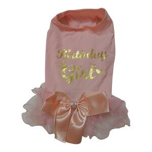 Pink Birthday Girl Dog Dress – Ruffle Design with Bow and Rhinestone Accents - M